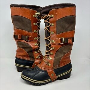 Sorel Conquest Carly II Duck Boots Knee High Lace Up Brown Leather Suede Size 6